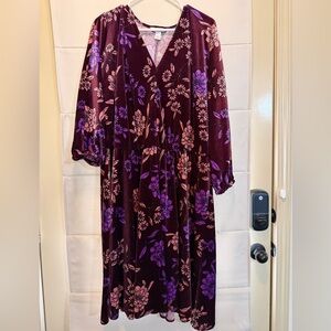 London Times Velvet Feel Moody Floral Bishop Sleeve Midi Dress Plus Size 3X